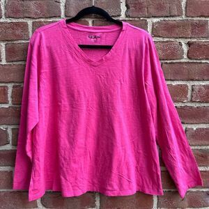 Eileen Fisher Womens $78 Organic Cotton Slub V-Neck shirt pink large